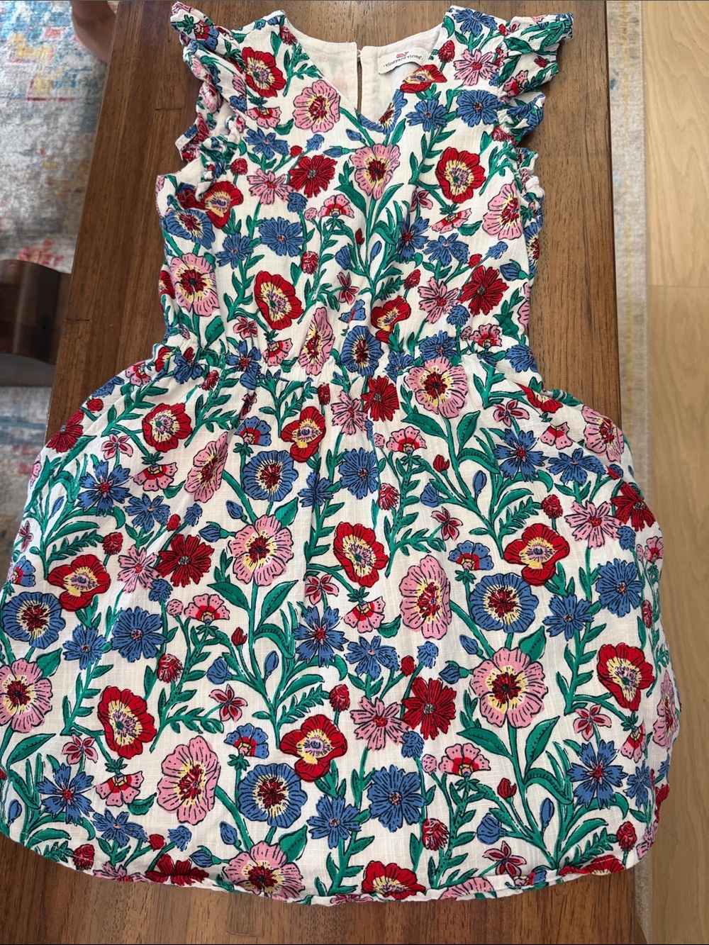 Vineyard Vines White Floral Ruffle-Sleeve Sundress with Red, Pink & Blue Flowers